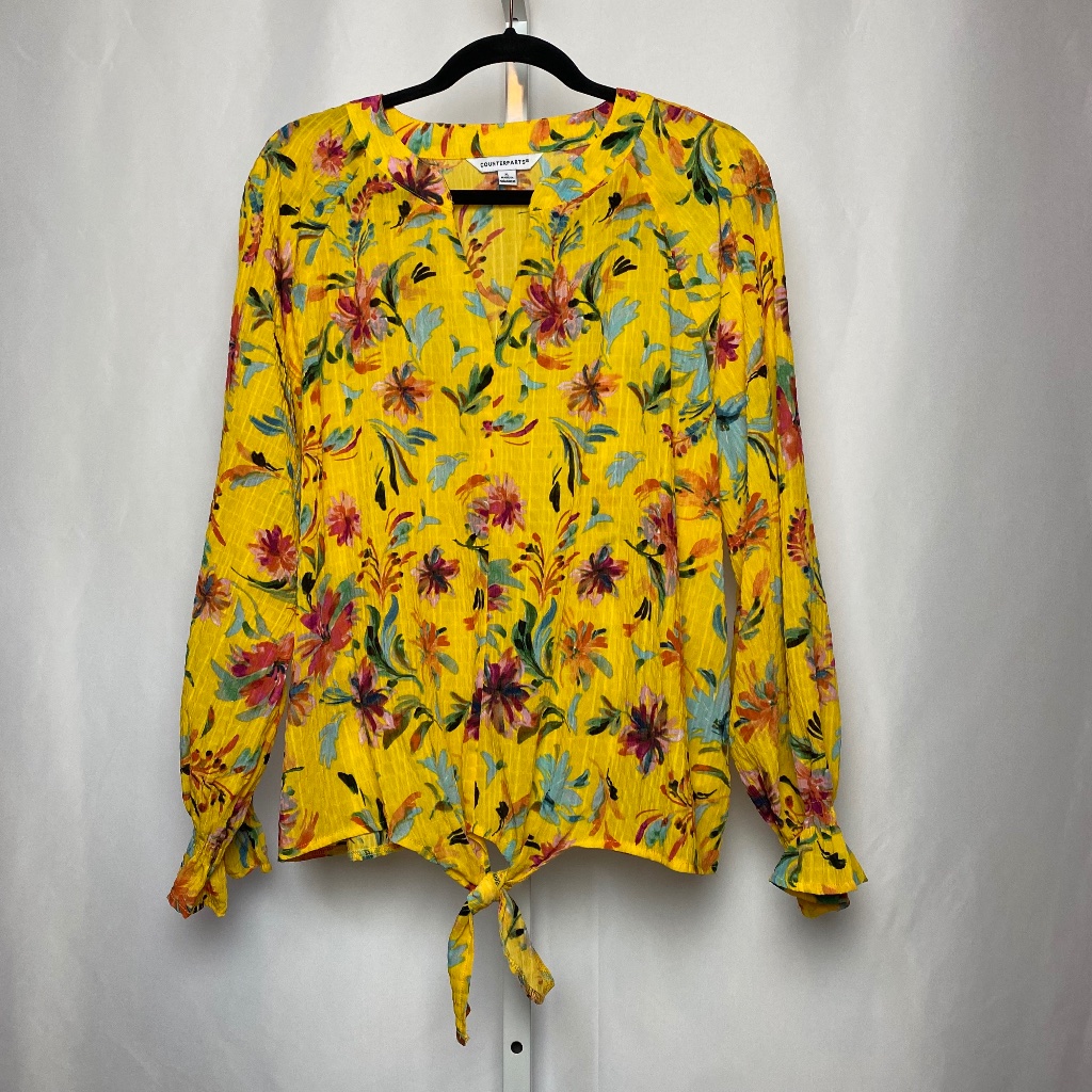 Counterparts Womens Yellow Floral Long Sleeve Smocked Wrist Blouse X-Large
